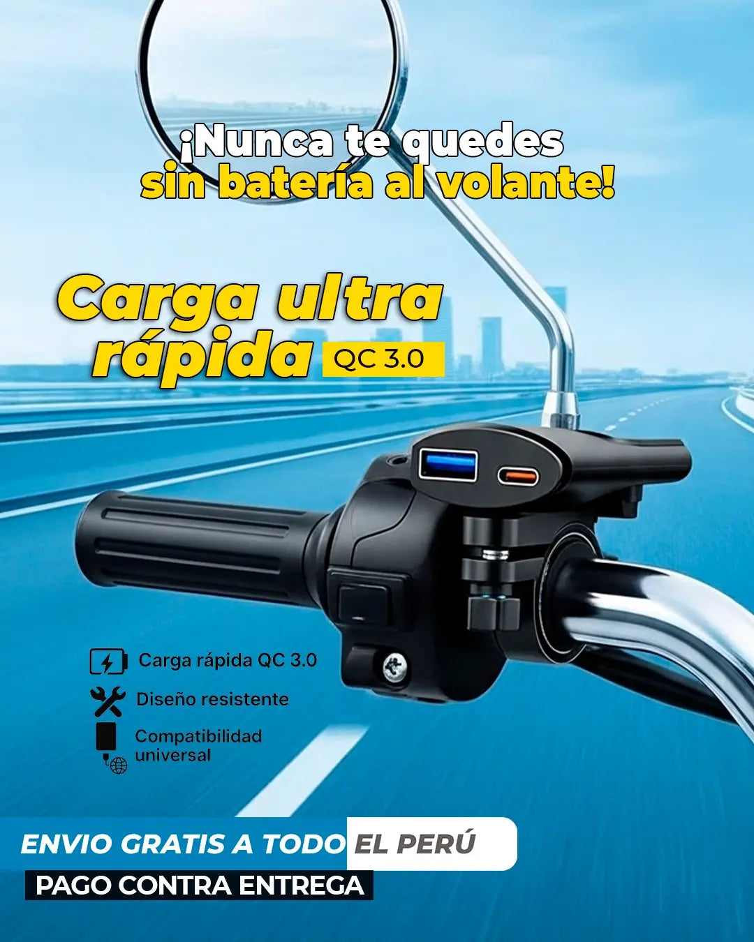 CARGADOR USB PARA MOTOCICLETA 30W, QC3.0 TIPO C | ✅ GARANTÍA 1 AÑO | ✅ ENVÍO GRATIS