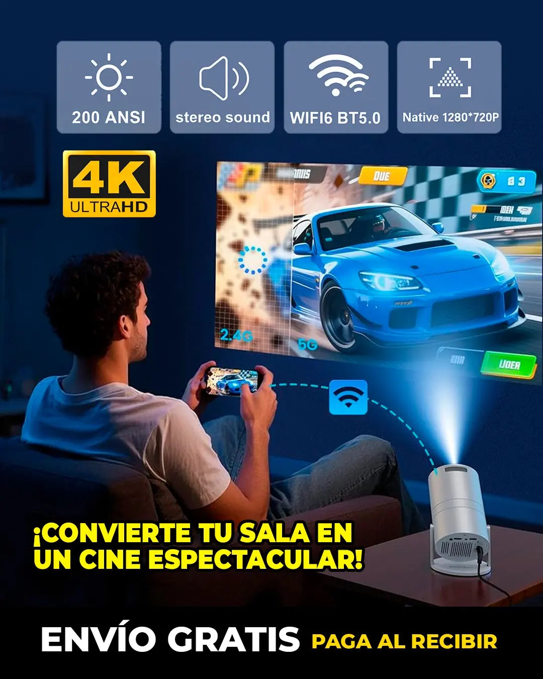 PROYECTOR PORTÁTIL TS-3 ANDROID 4K UHD, 6000 LÚMENES, 280 ANSI, WI-FI, BLUETOOTH, PROYECCIÓN HASTA 300”